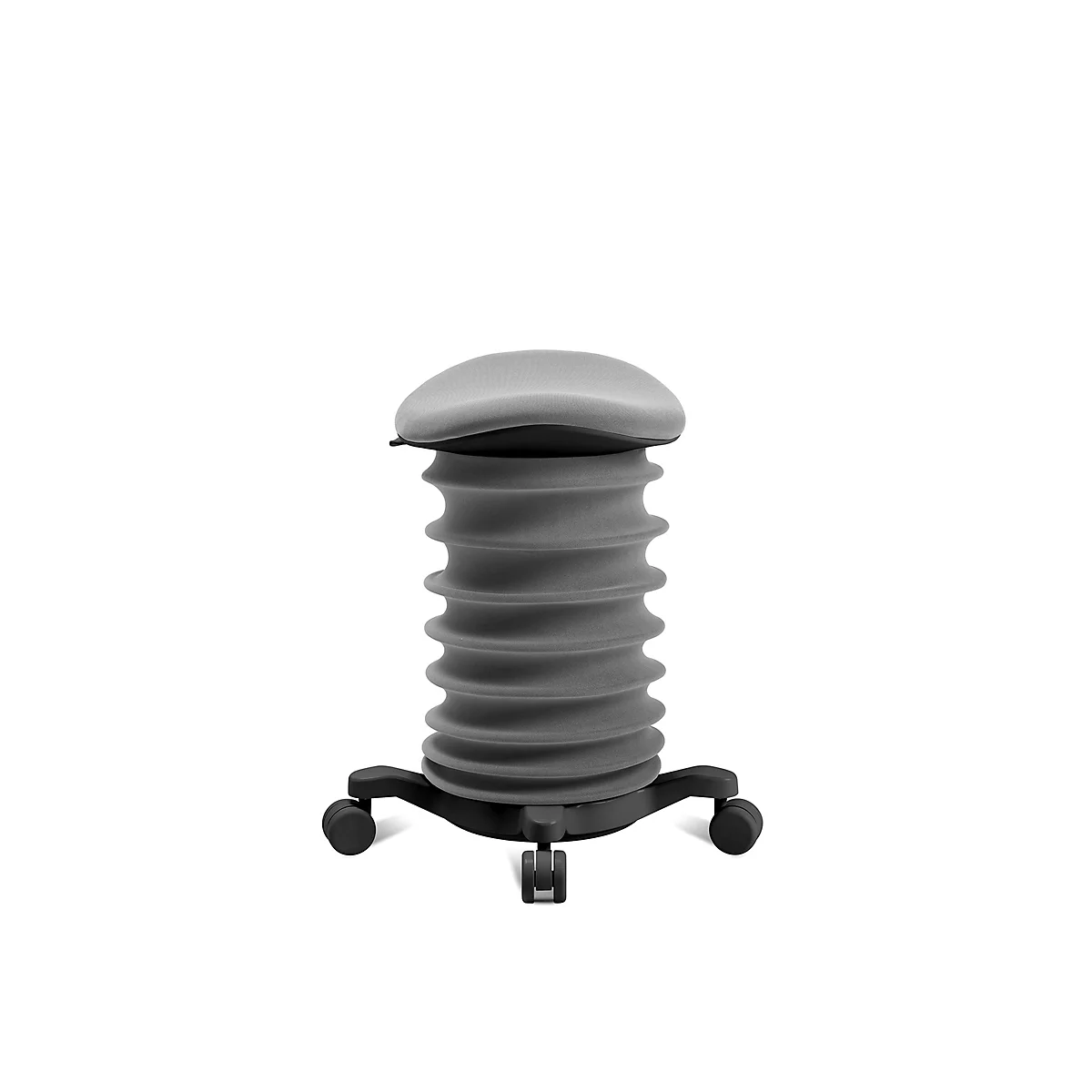 Grauer, spiralförmiger Stehhocker mit Rollen auf weißem Hintergrund.