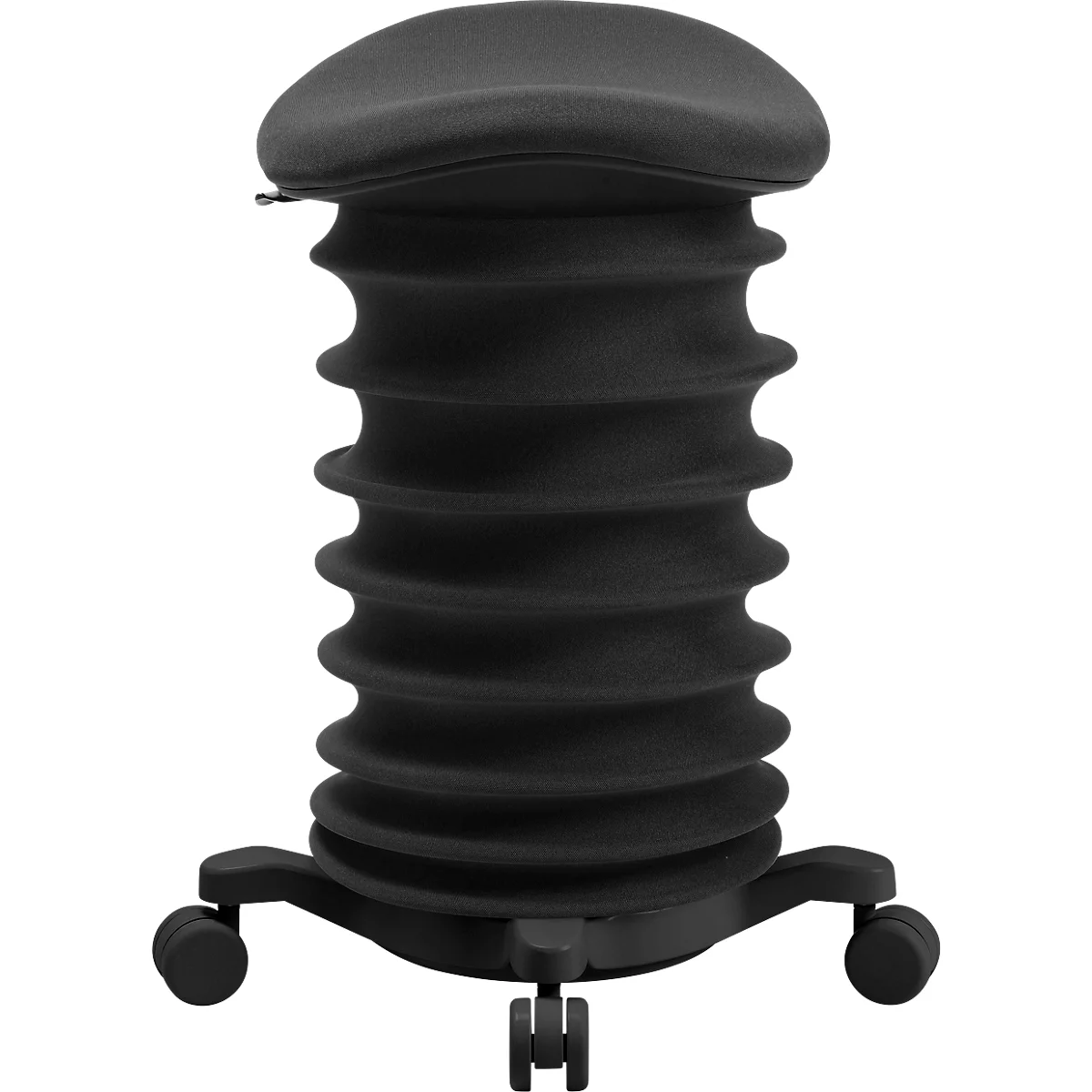 Schwarzer ergonomischer Sitzhocker mit Rollen und wellenförmigem Säulenschaft.