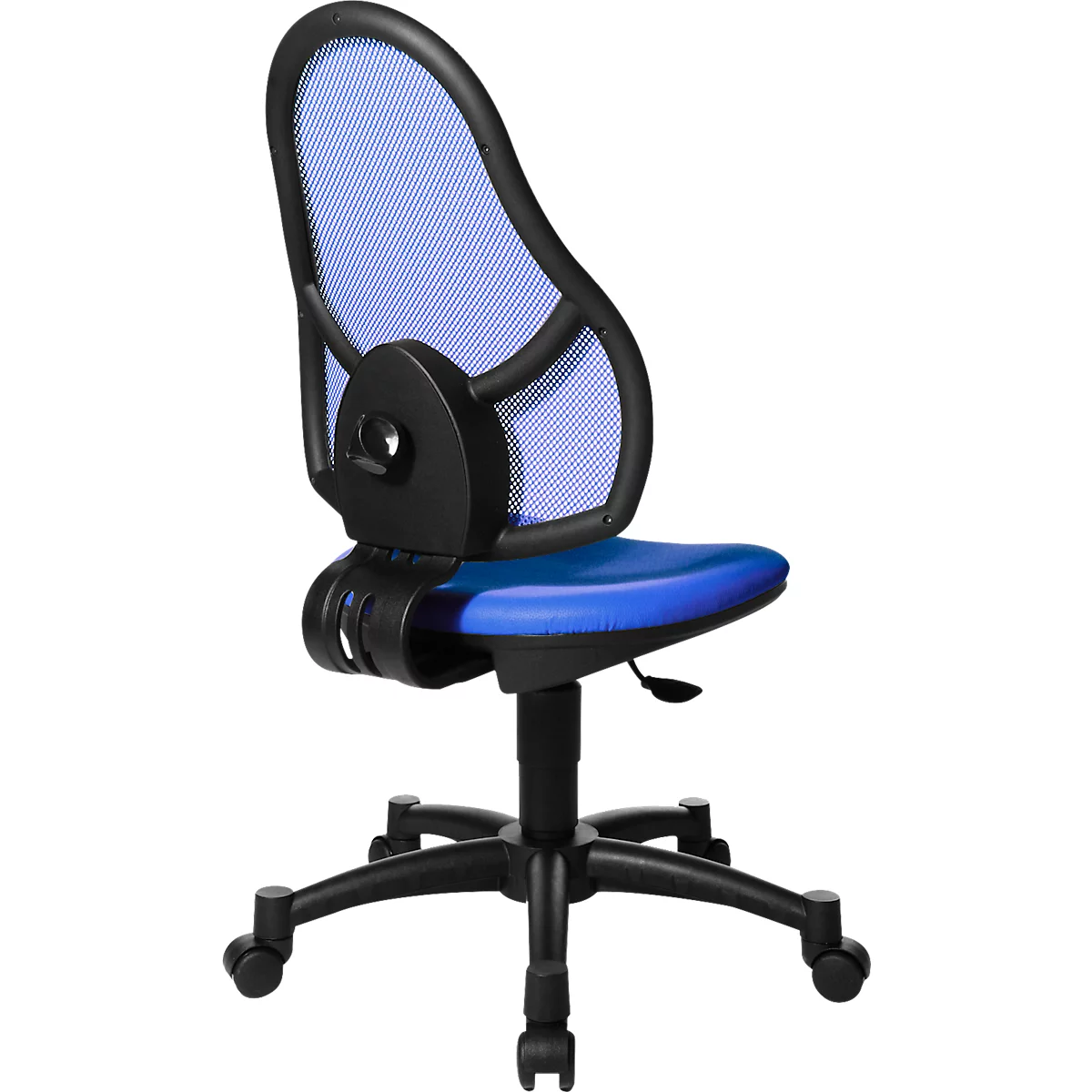 Blauwe ergonomische bureaustoel met zwart frame en mesh rugleuning, details.