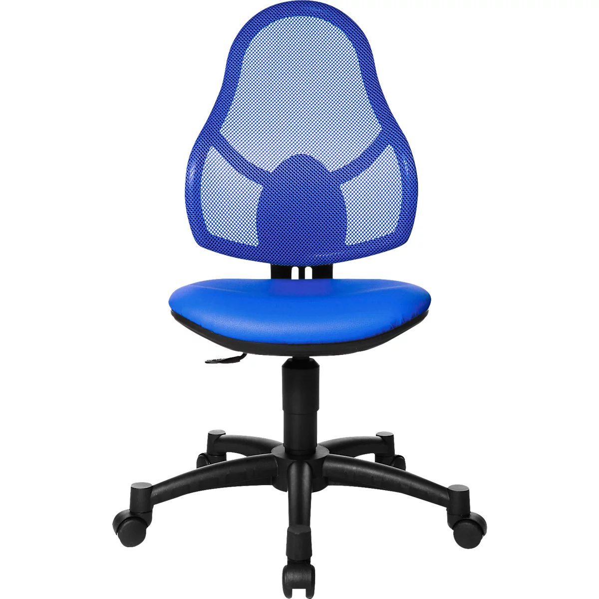 Blauer, ergonomischer Bürostuhl mit Netzrücken und schwarzem Gestell. Sitzfläche und Rückenlehne sind blau.