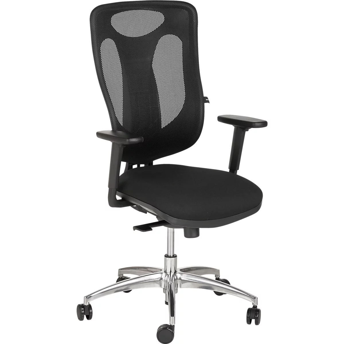 Black office chair with mesh back and adjustable armrests, on wheels.
