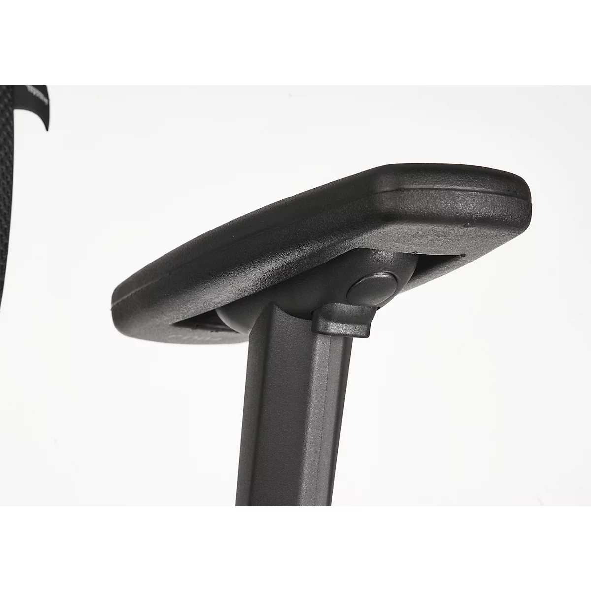 Close-up of a black armrest of an office chair. The arm part has a rounded shape and is attached to a vertical pillar.