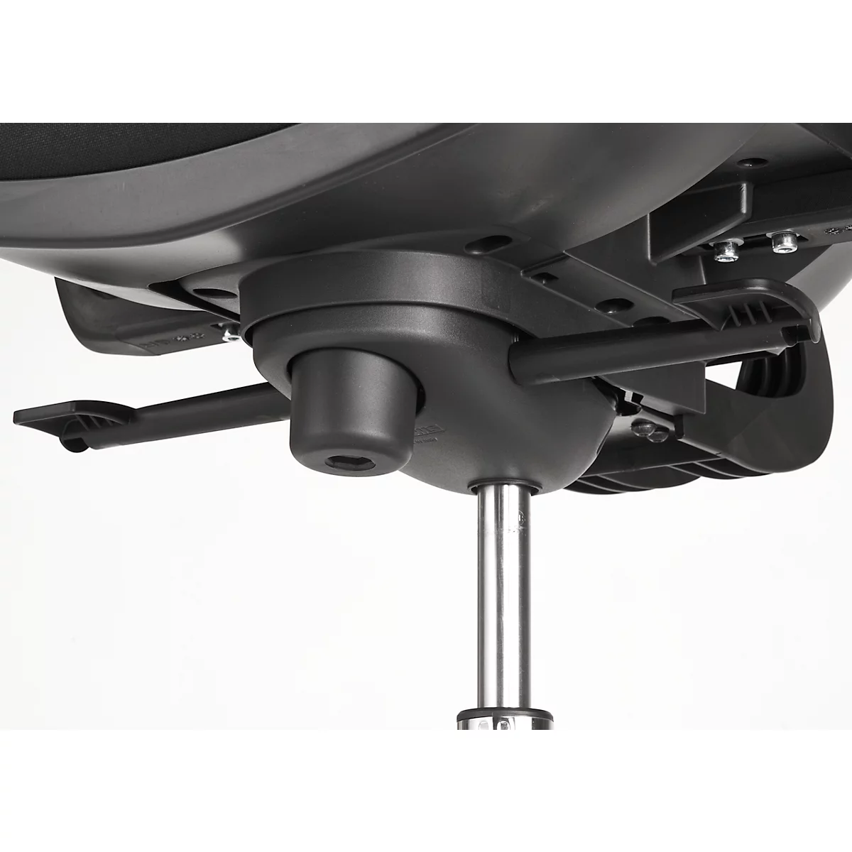 Close-up of the underside of an office chair. Black with metal struts and levers protruding from the seat. A silver leg extends downwards.