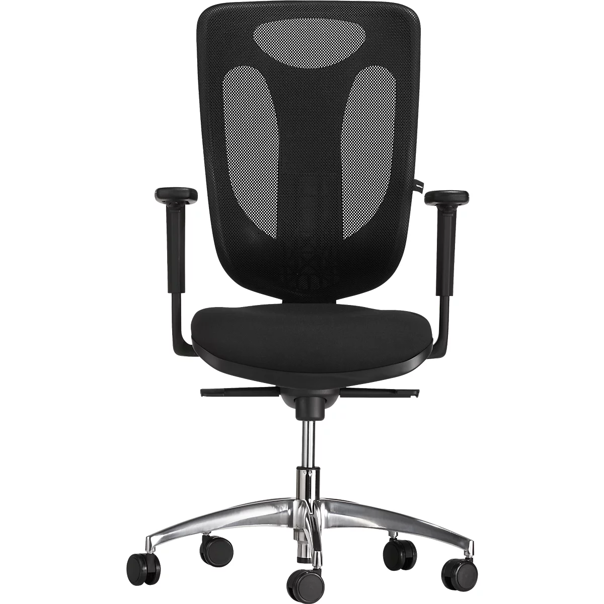 Black office chair with mesh back and armrests. The chair has a silver base and wheels.