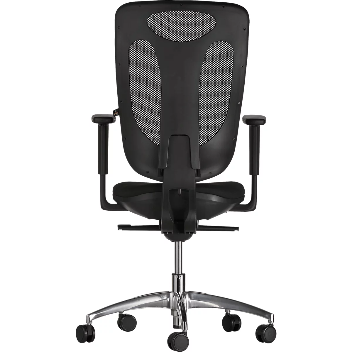 Office chair, rear view. Black mesh, armrests, silver base, and wheels.