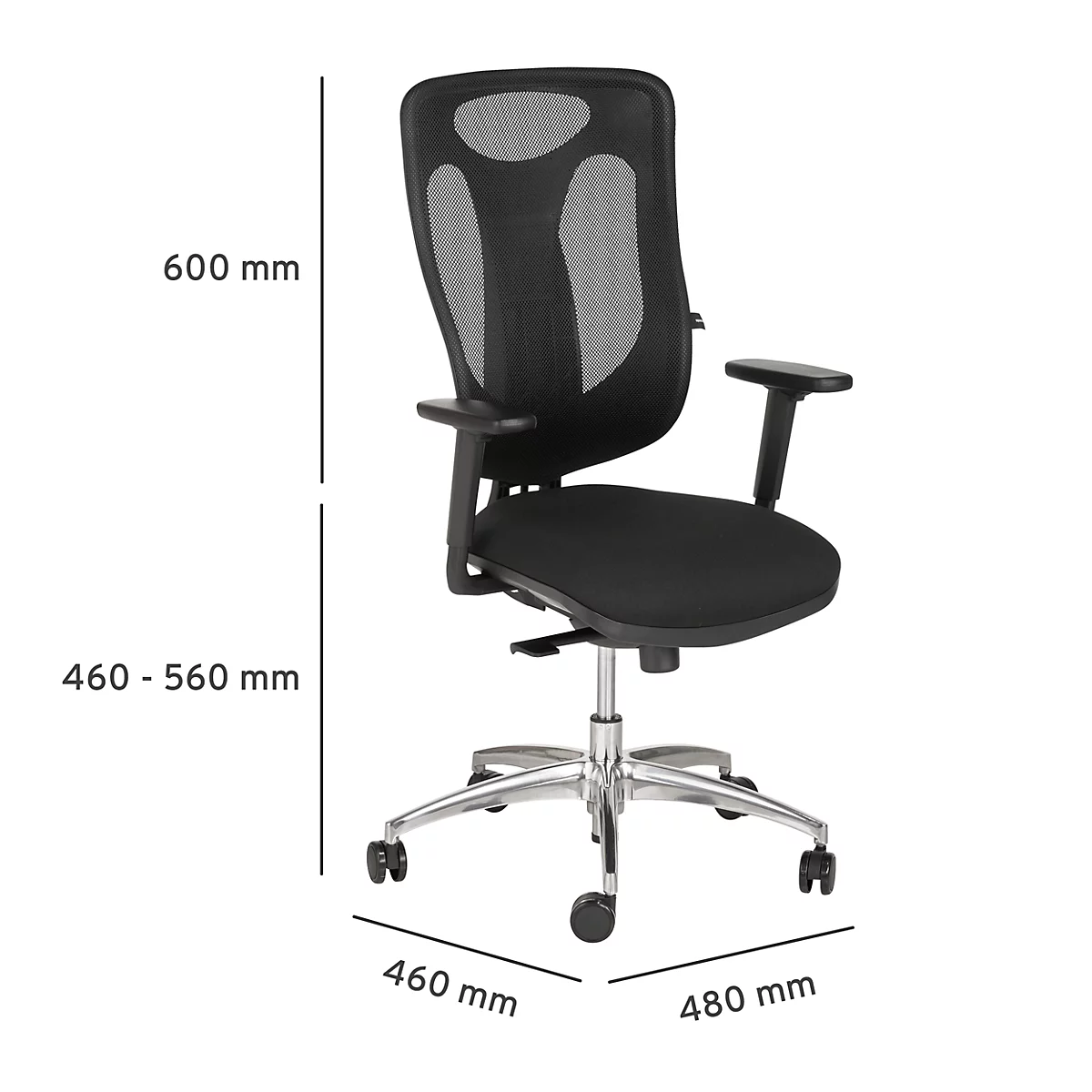 Office chair with black fabric and mesh back. Dimensions are indicated by lines and numbers.