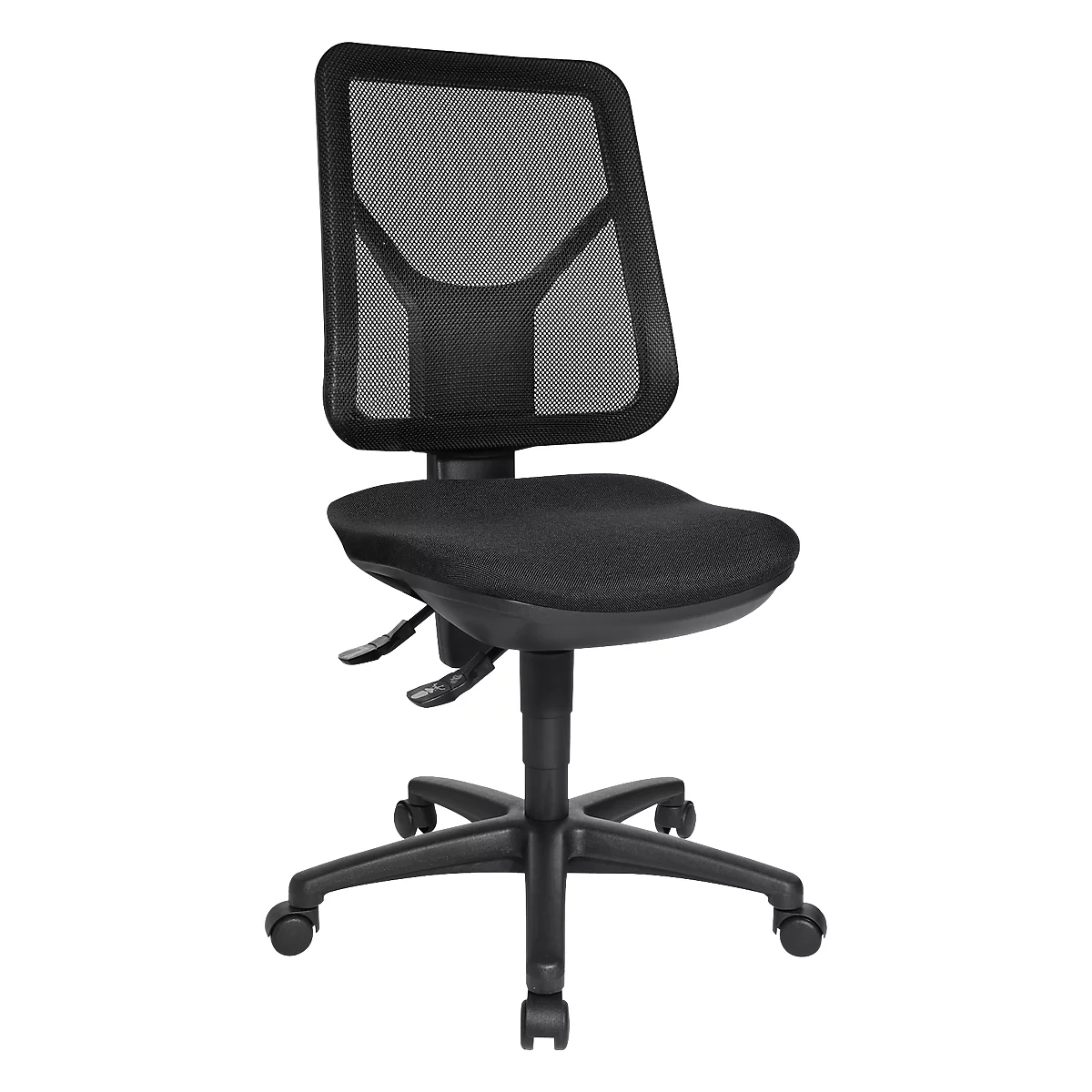 Black office chair with mesh back and wheels. Seat and backrest are upholstered.