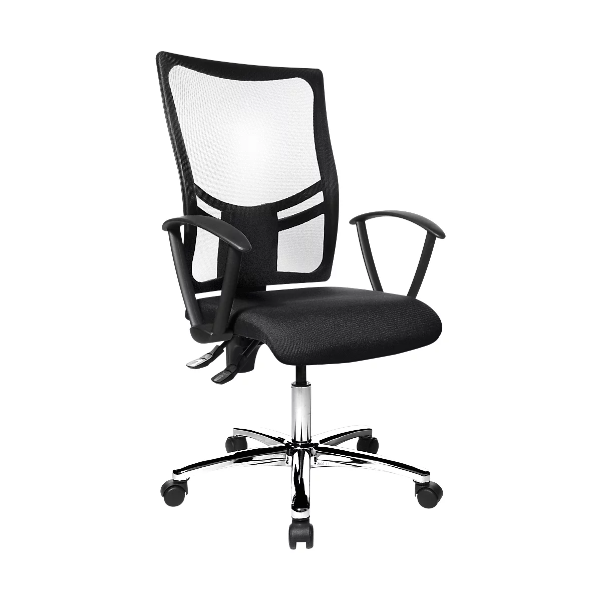 Black office chair with mesh back, armrests, chrome base and castors.