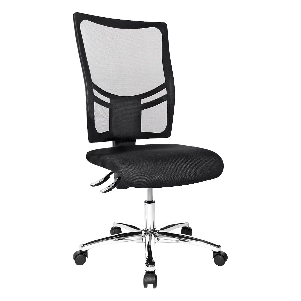 Black office chair with mesh back and chrome base.