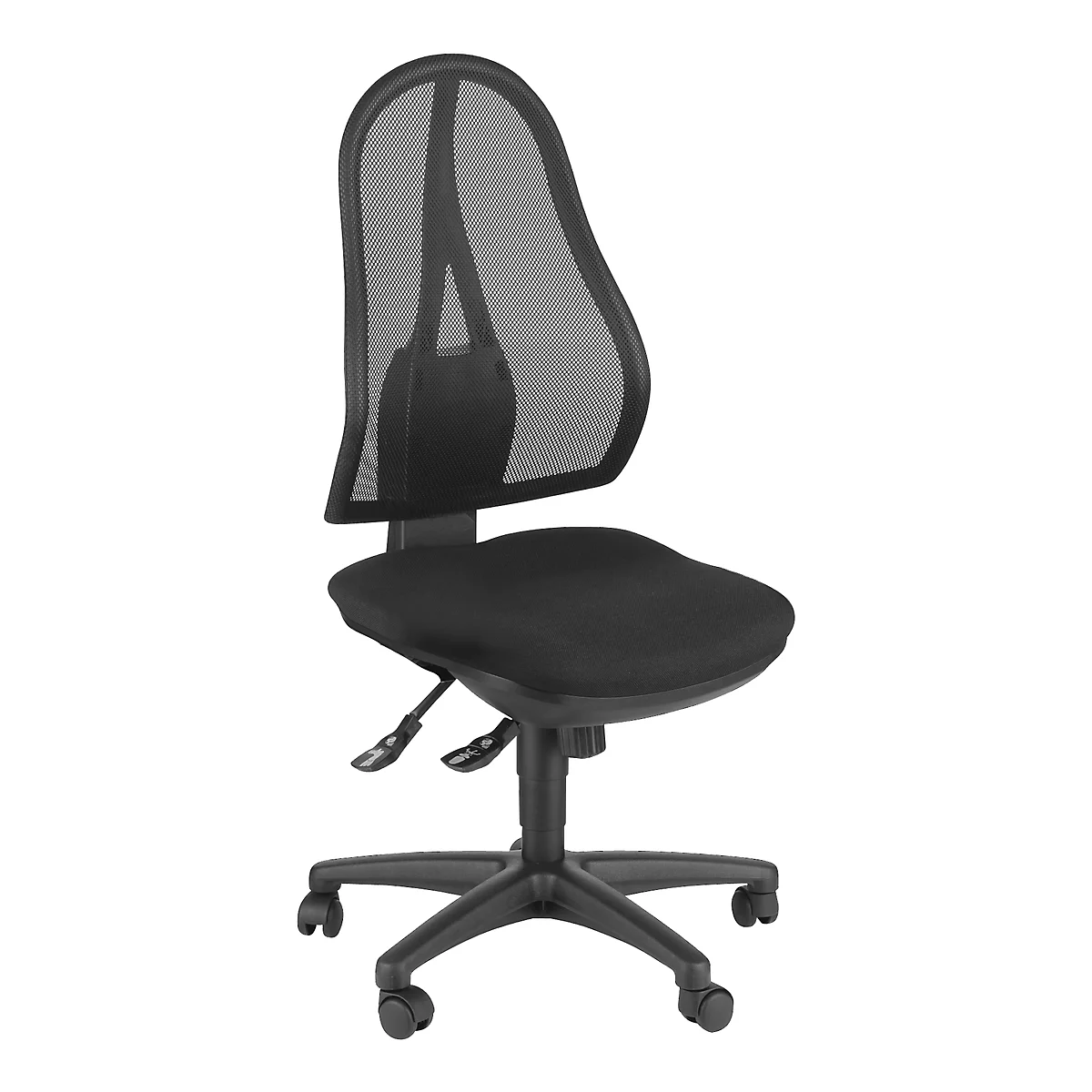 Black office chair with mesh back and castors. The seat is padded.
