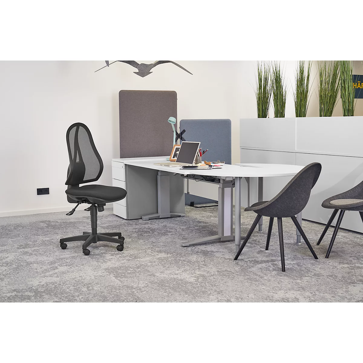 Office chair in front of desk, grey carpet and grey wall. In the background are more chairs, plants and decor.