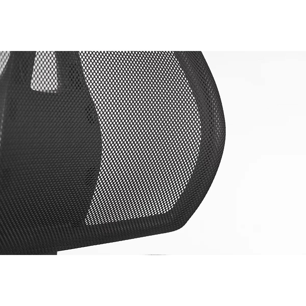 Close-up of a black office chair with mesh backrest. The texture is clearly visible. Background: White.