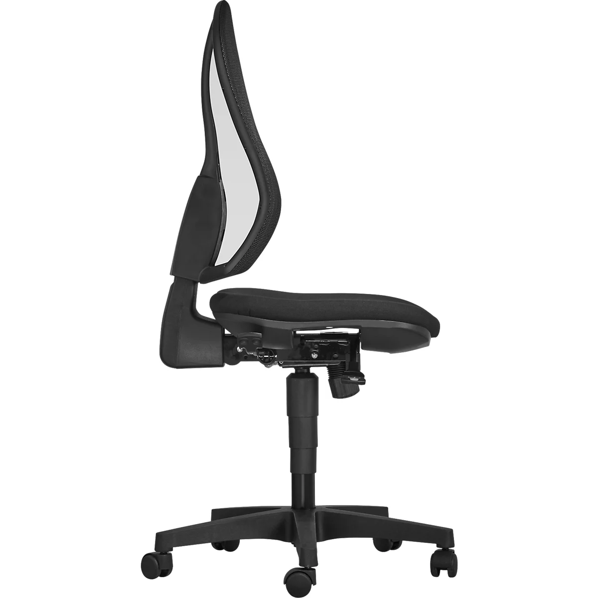 Profile view of a black office chair with mesh back. Chair is height-adjustable and has wheels.