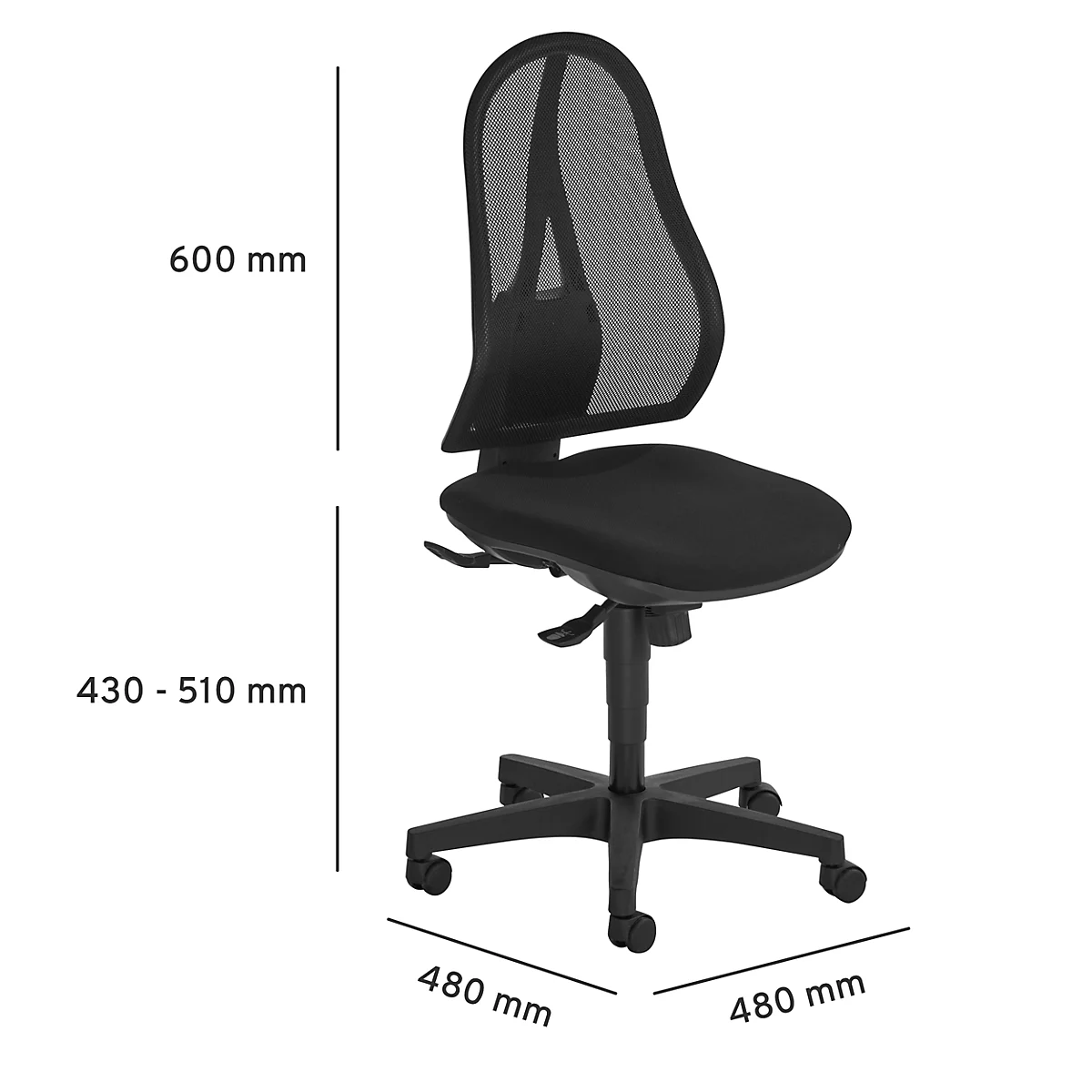 Black office chair with mesh back and dimensions: height 600 mm, seat height 430-510 mm, base 480 mm x 480 mm.