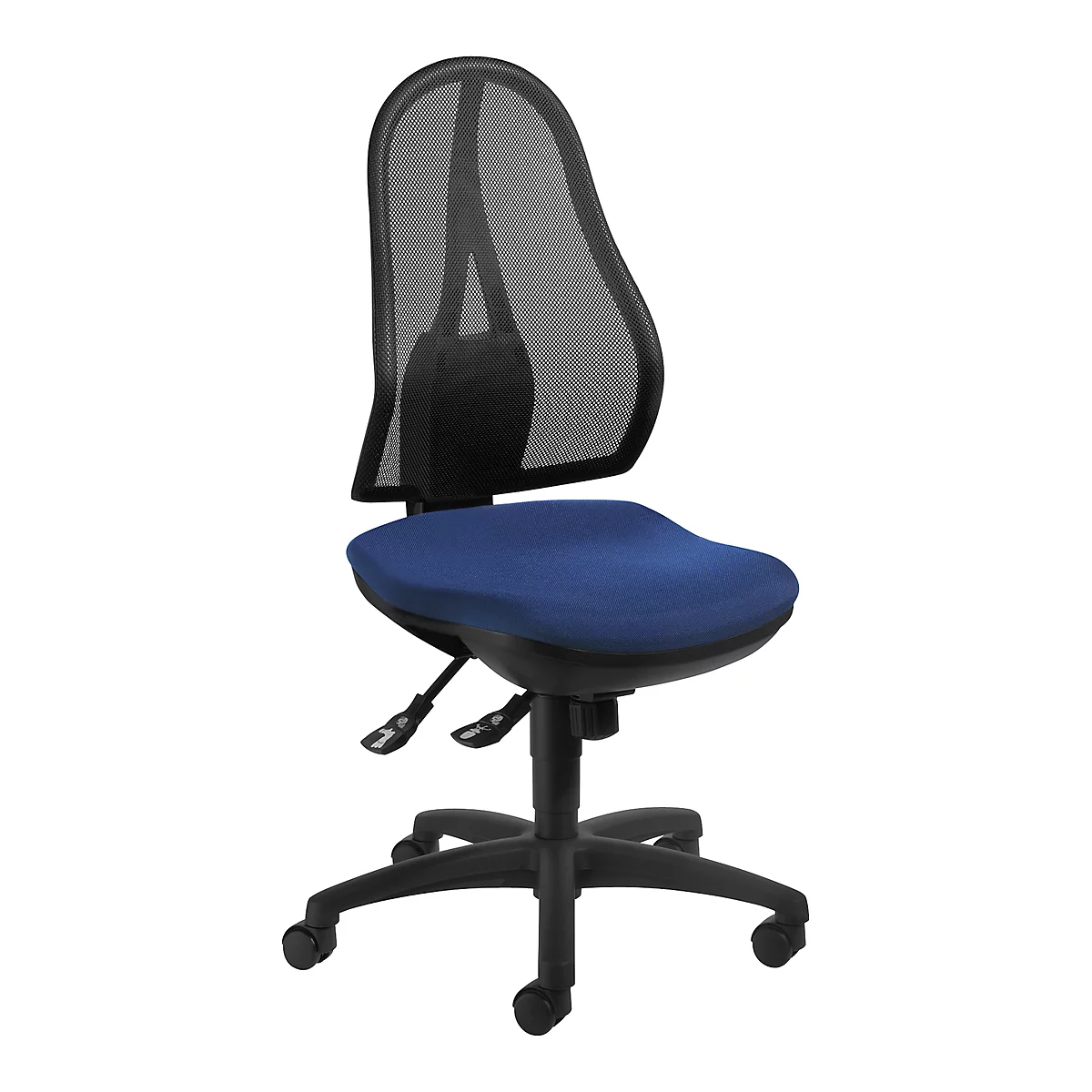 Office chair with blue seat and black mesh back. The chair has castors and is height adjustable.