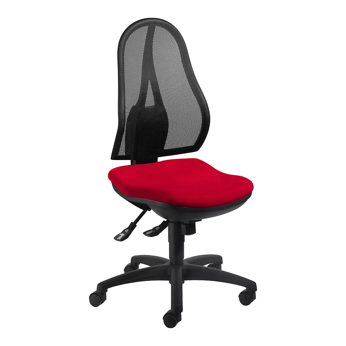 Office chair with red seat, black mesh back and frame.