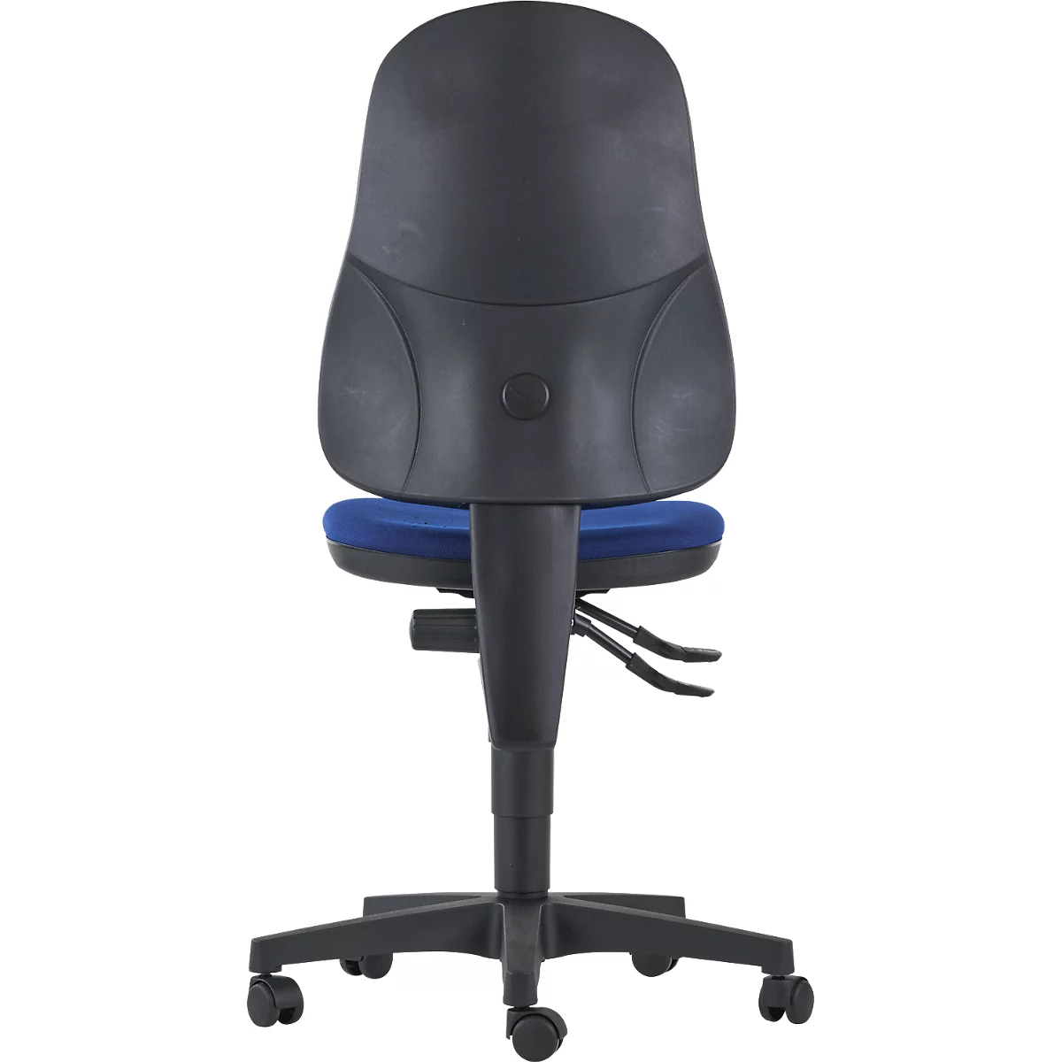 Office chair from behind, black backrest, blue seat, five castors.