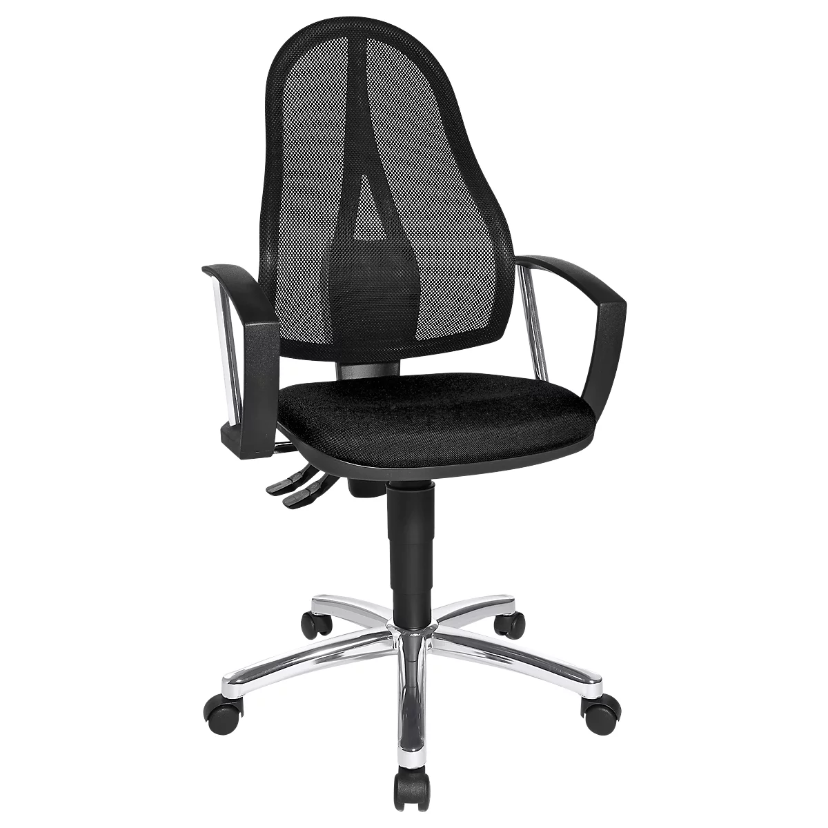 Black office chair with mesh back and armrests, on silver castors.