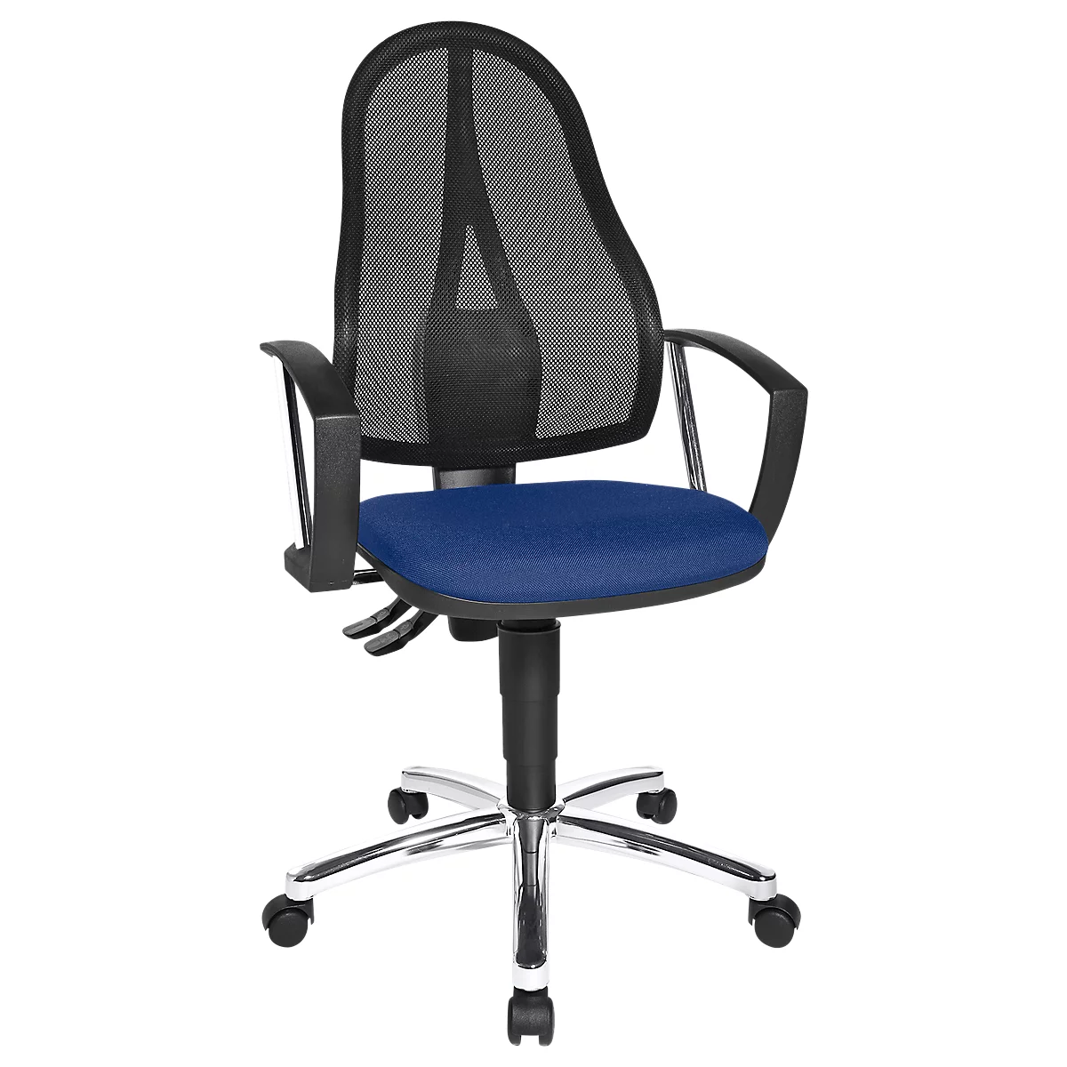 Office chair with black mesh back and blue seat. Chrome frame with castors. Armrests integrated.