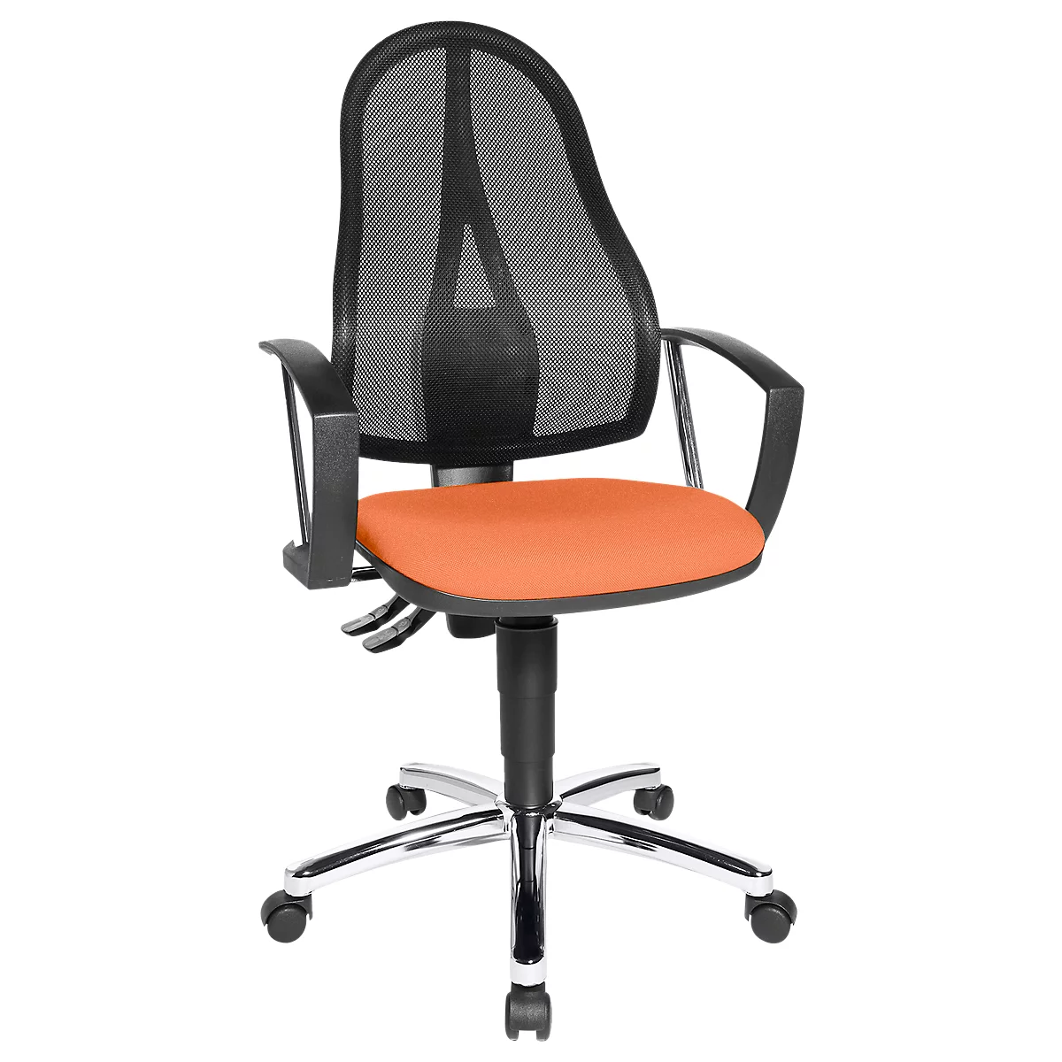Office chair with mesh back, orange seat, black armrests and chrome base.