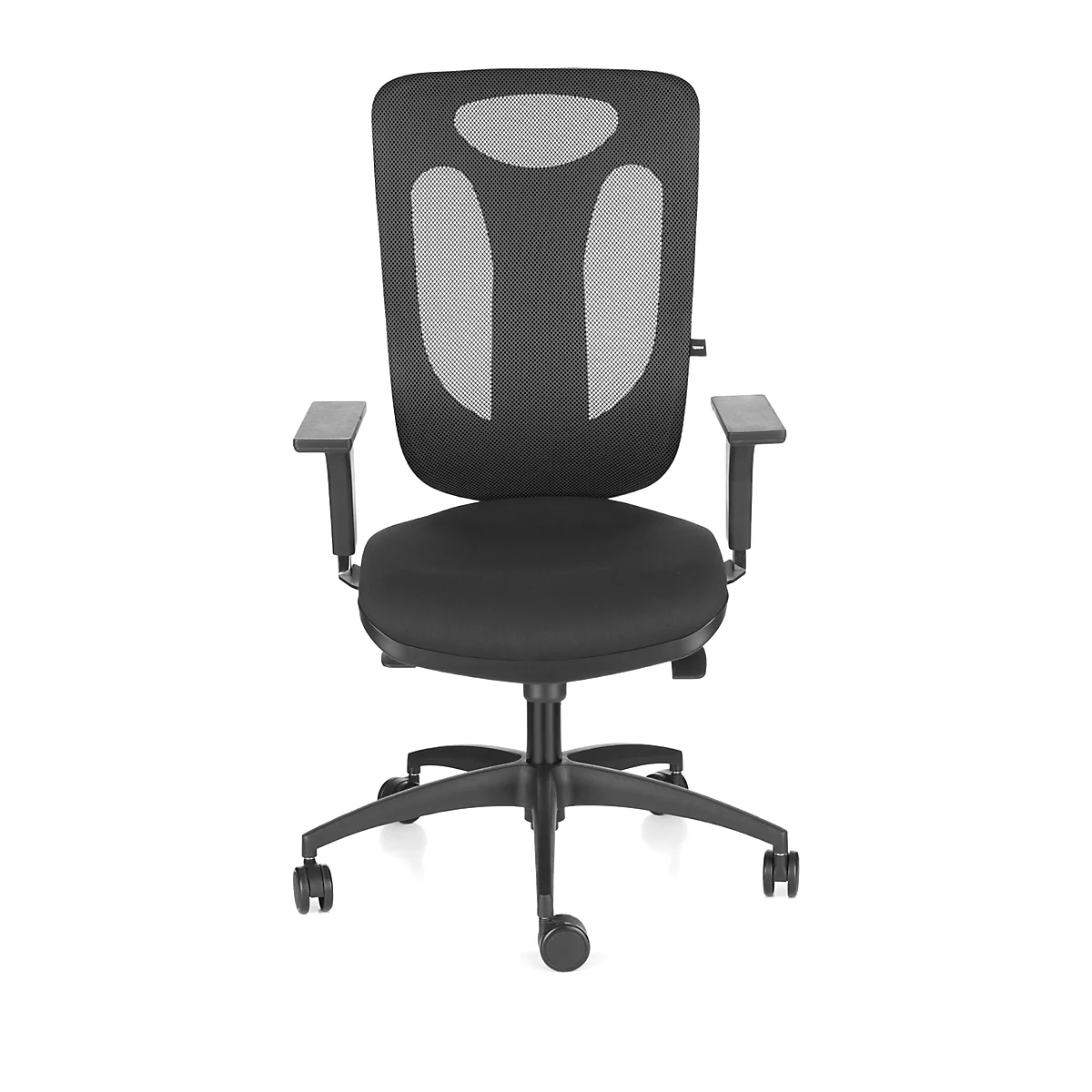 Black office chair with mesh back and armrests on casters.