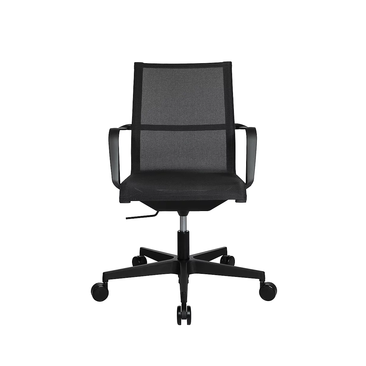 Black office chair on white background. The chair has a mesh back and armrests.