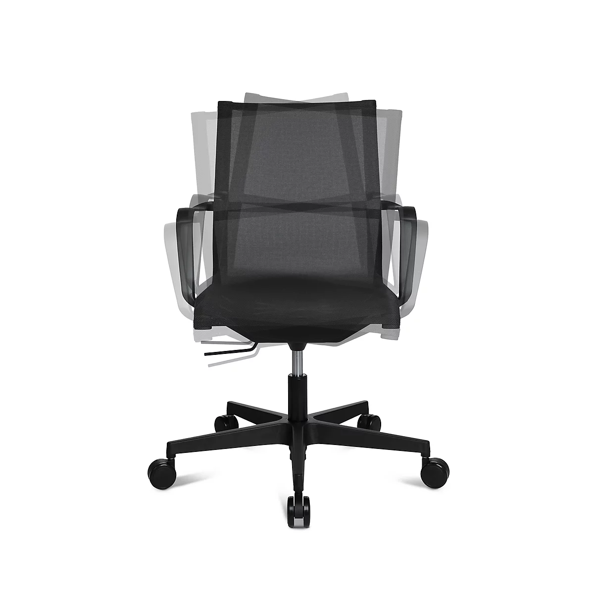 Black office chair rotating in different positions, on a white background.