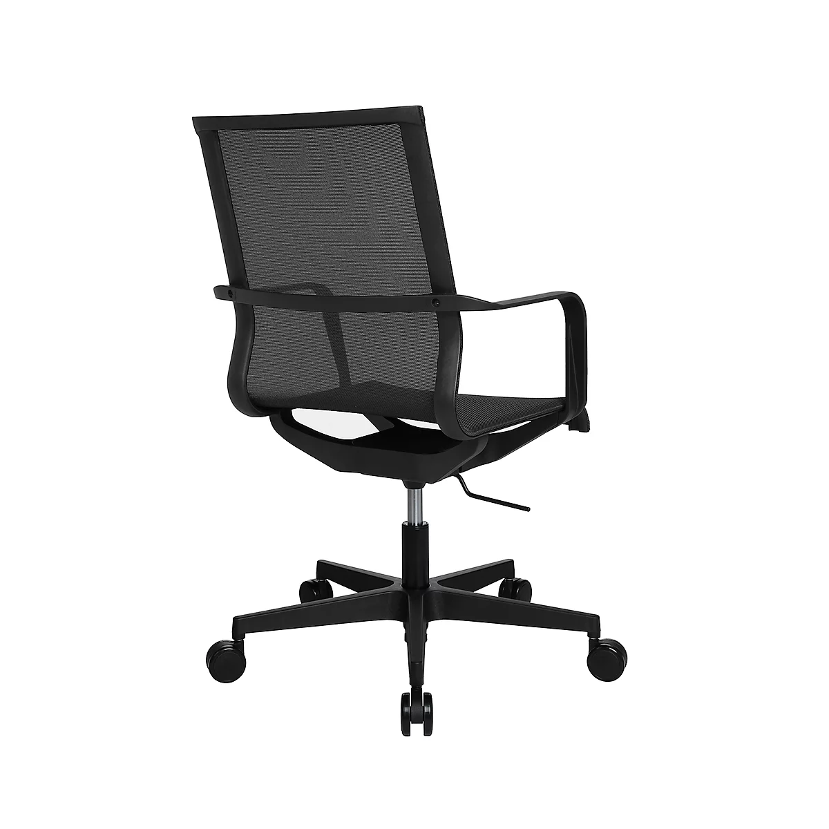 Black office chair with mesh back, armrests, castors, and a sturdy base.