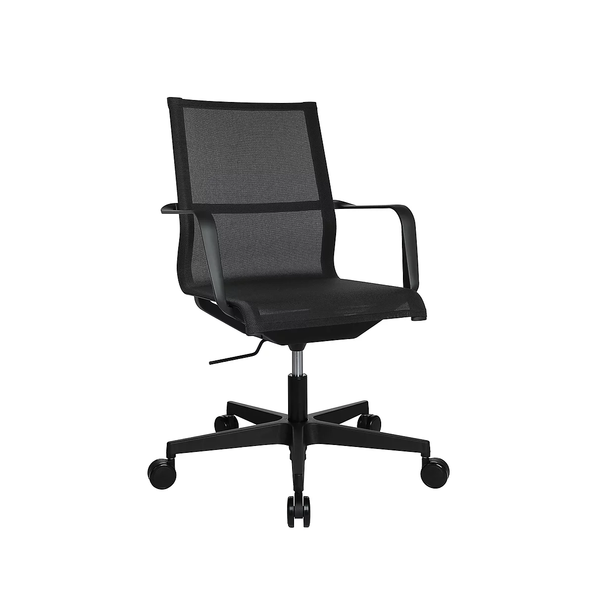 Black office chair with mesh back and armrests against a white background.