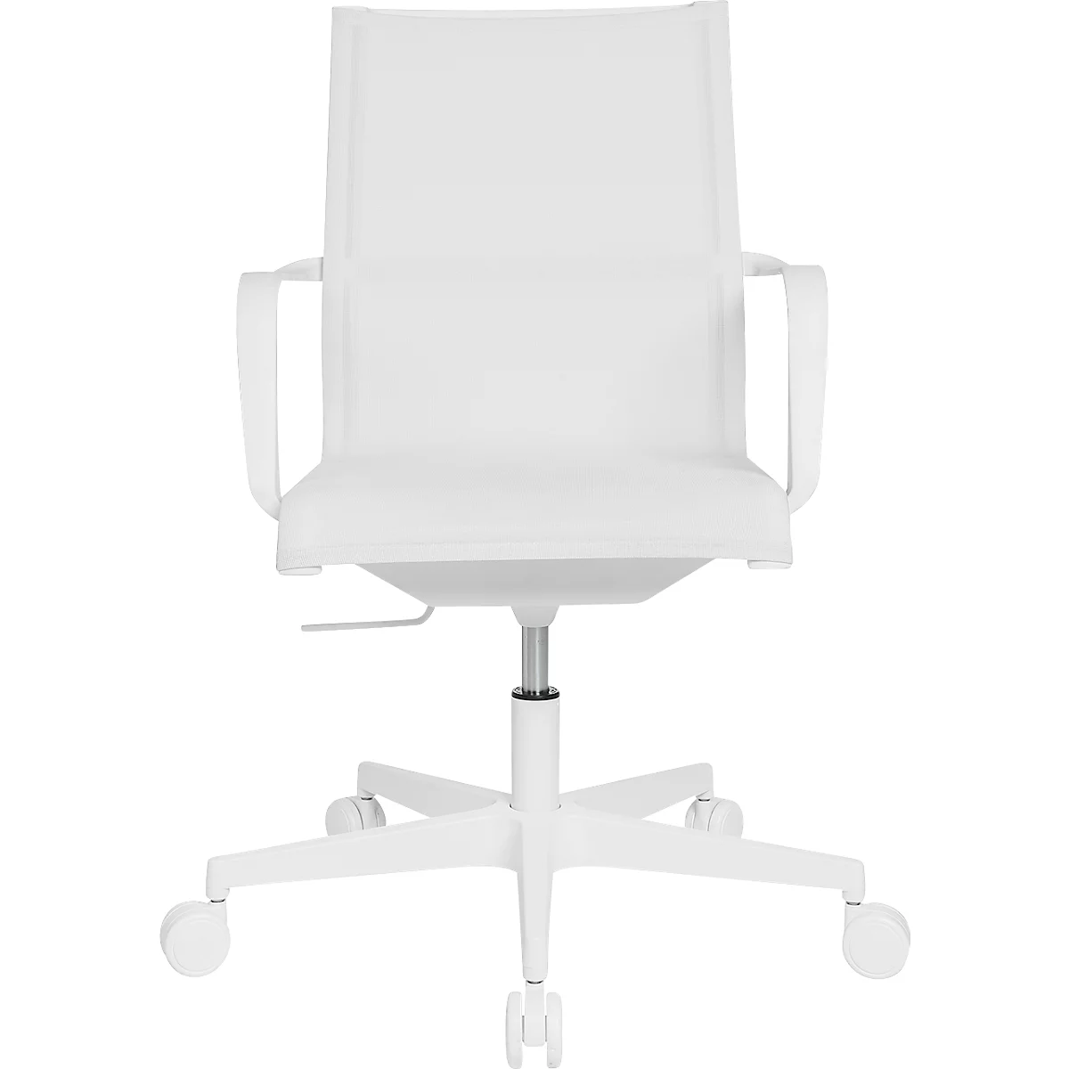 White office chair with wheels and armrests, frontal view. The chair has a high back and a minimalist design.