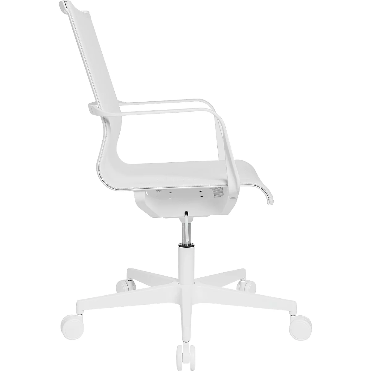 White office chair with mesh back, armrests and wheels.