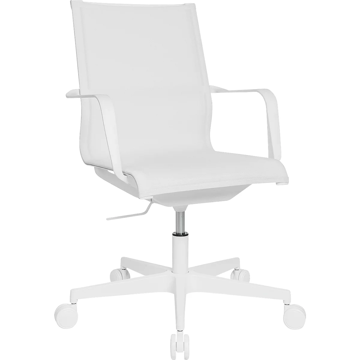 White office chair with armrests. The seat and backrest are made of a mesh material. The chair has wheels.
