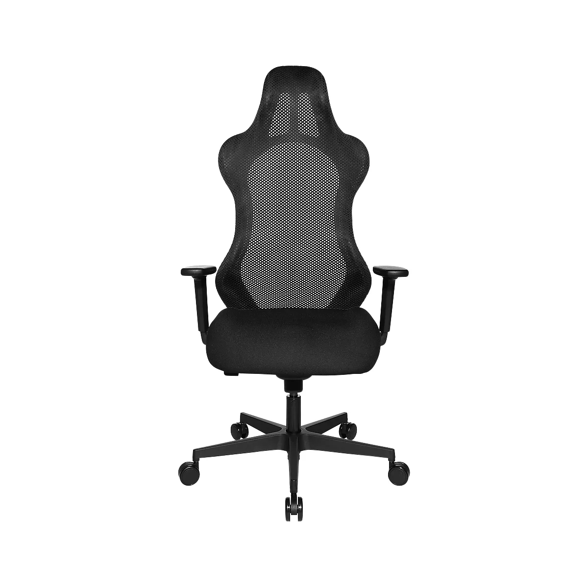 Black office chair, back view. The chair has a mesh back and a padded seat.
