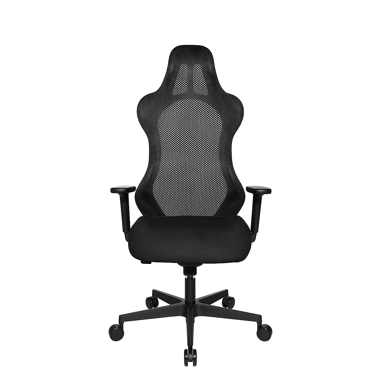 Black office chair with mesh back and armrests, isolated on white background.