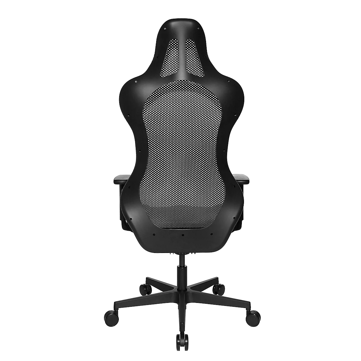 Black office chair, back view. The chair has a mesh structure in the backrest, armrests and a base with castors.