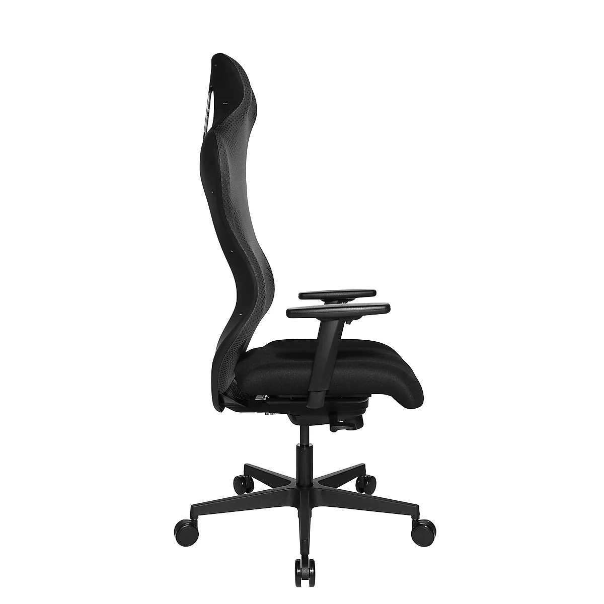 Black office chair with high back, armrests, and wheels. Side view.