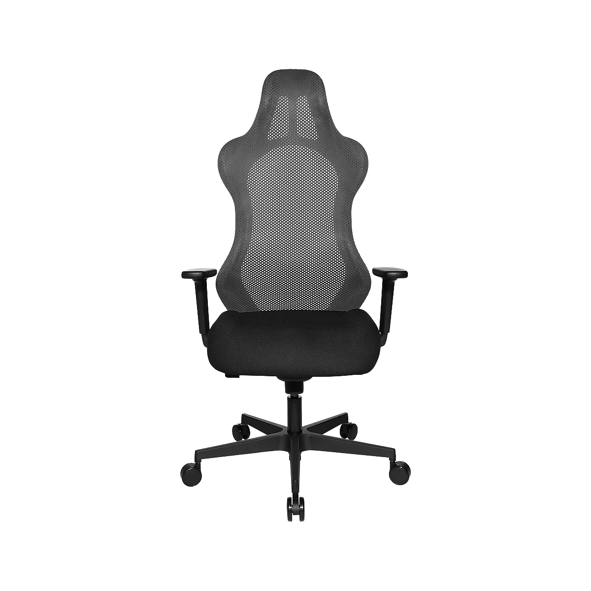 Black ergonomic office chair: mesh backrest, armrests and castors. Modern design.