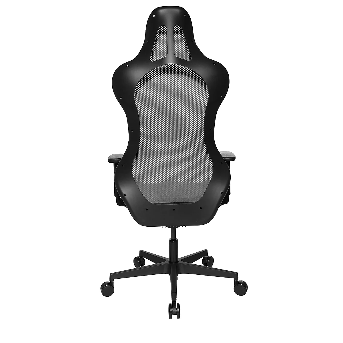 Black office chair, back view. The chair has a mesh back, a high headrest, and a base with wheels.