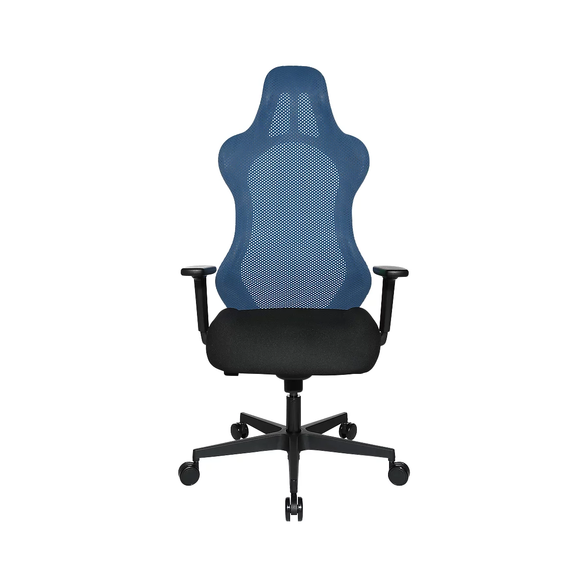 Blue office chair with mesh back and black seat. The chair stands on castors.