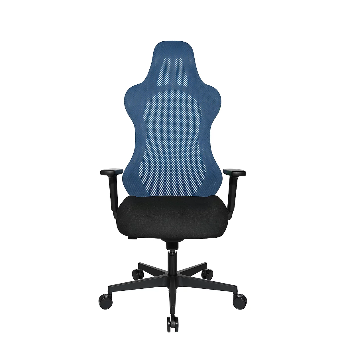 Office chair with blue mesh back and black seat. Armrests and five casters.