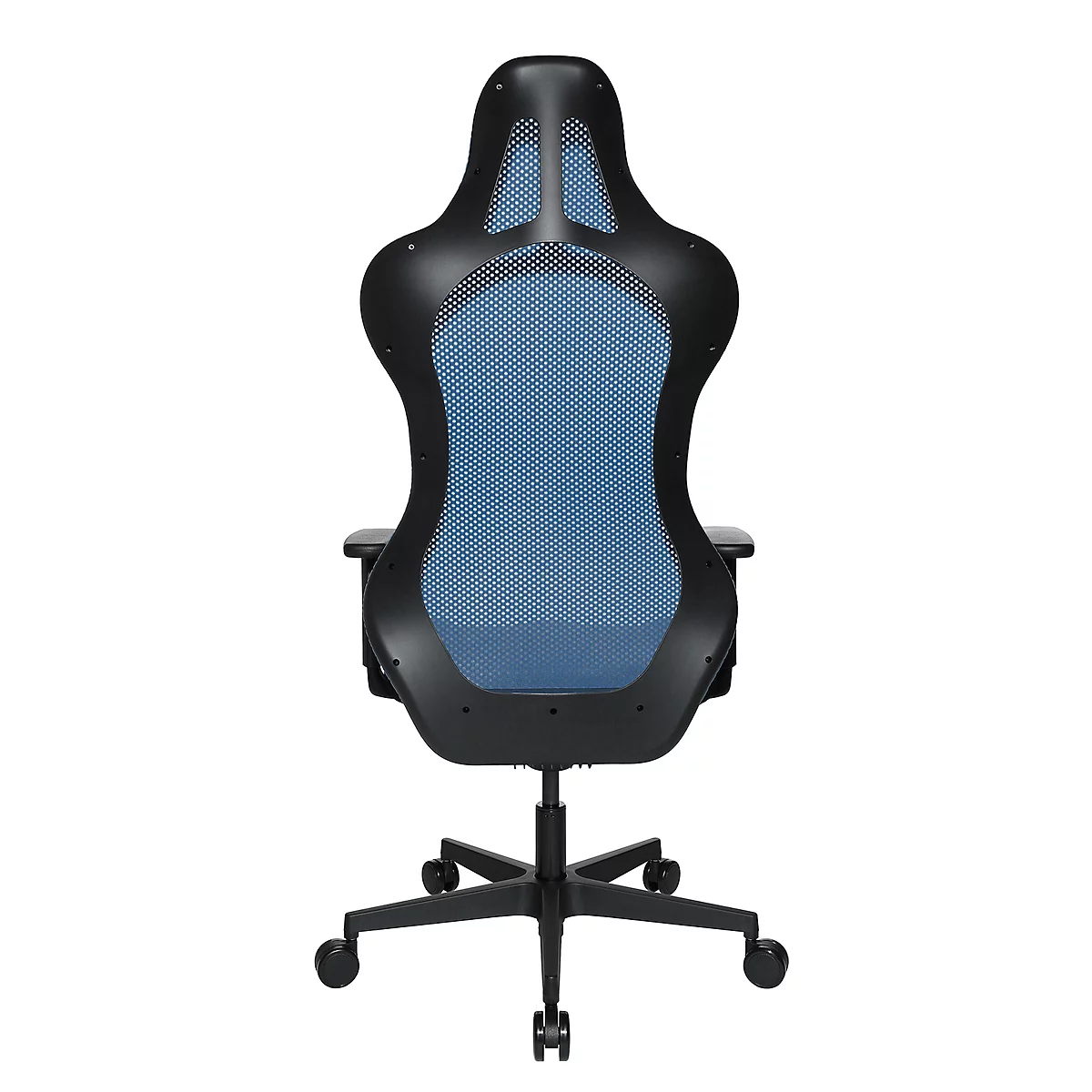Black office chair back with blue mesh and five wheels.
