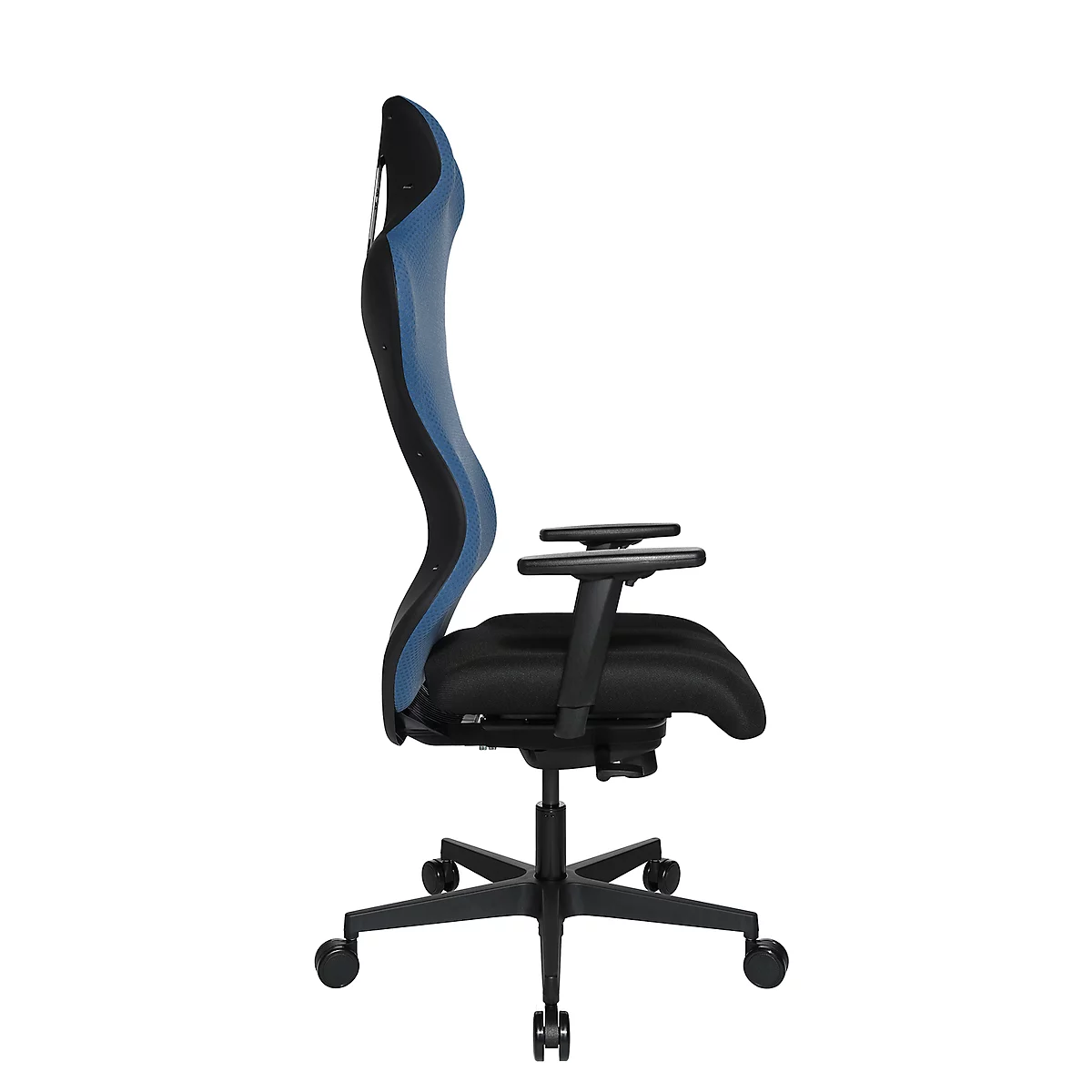 Black office chair from the side. Blue backrest, black seat. On wheels, armrests.