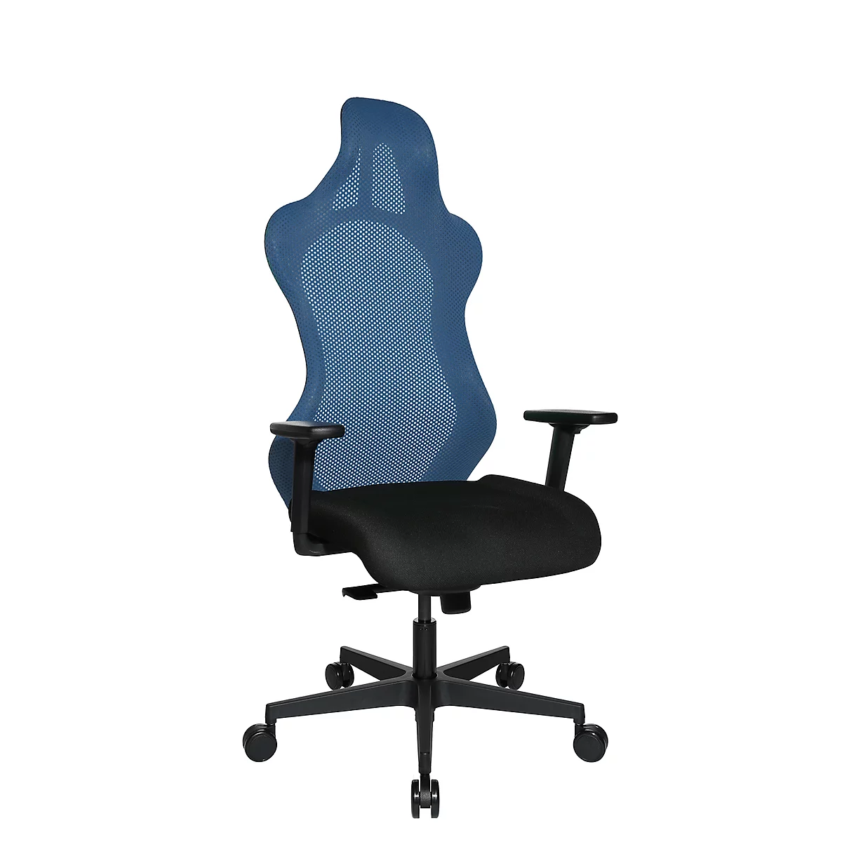 Office chair with blue mesh back and black seat. Black armrests and base with wheels.