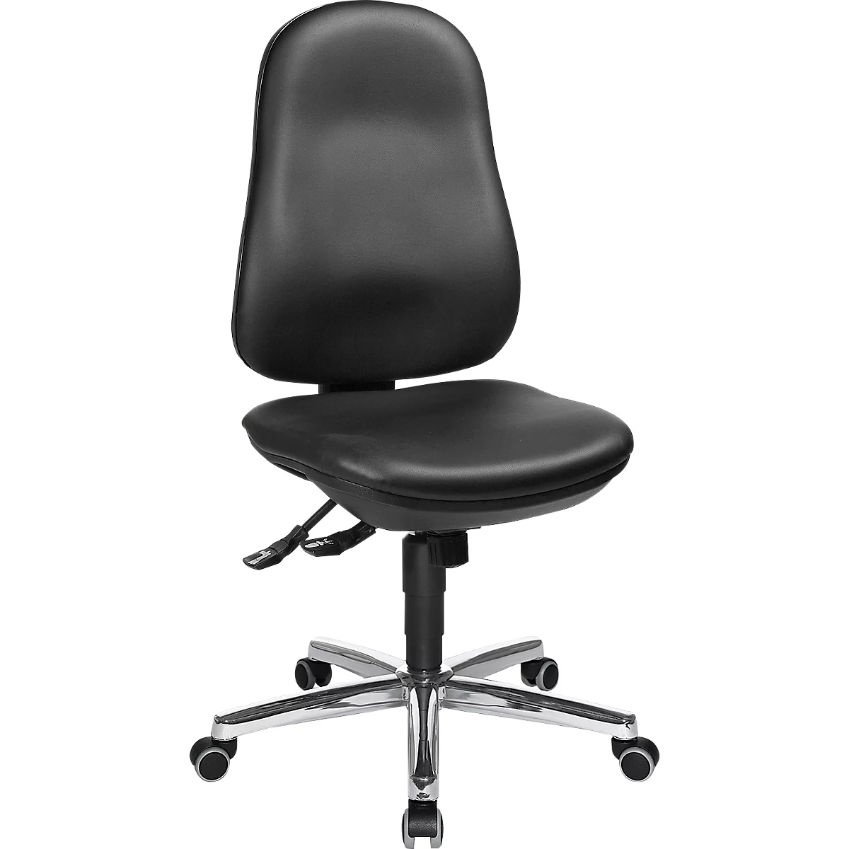Black office chair with wheels, swivel and height adjustable.