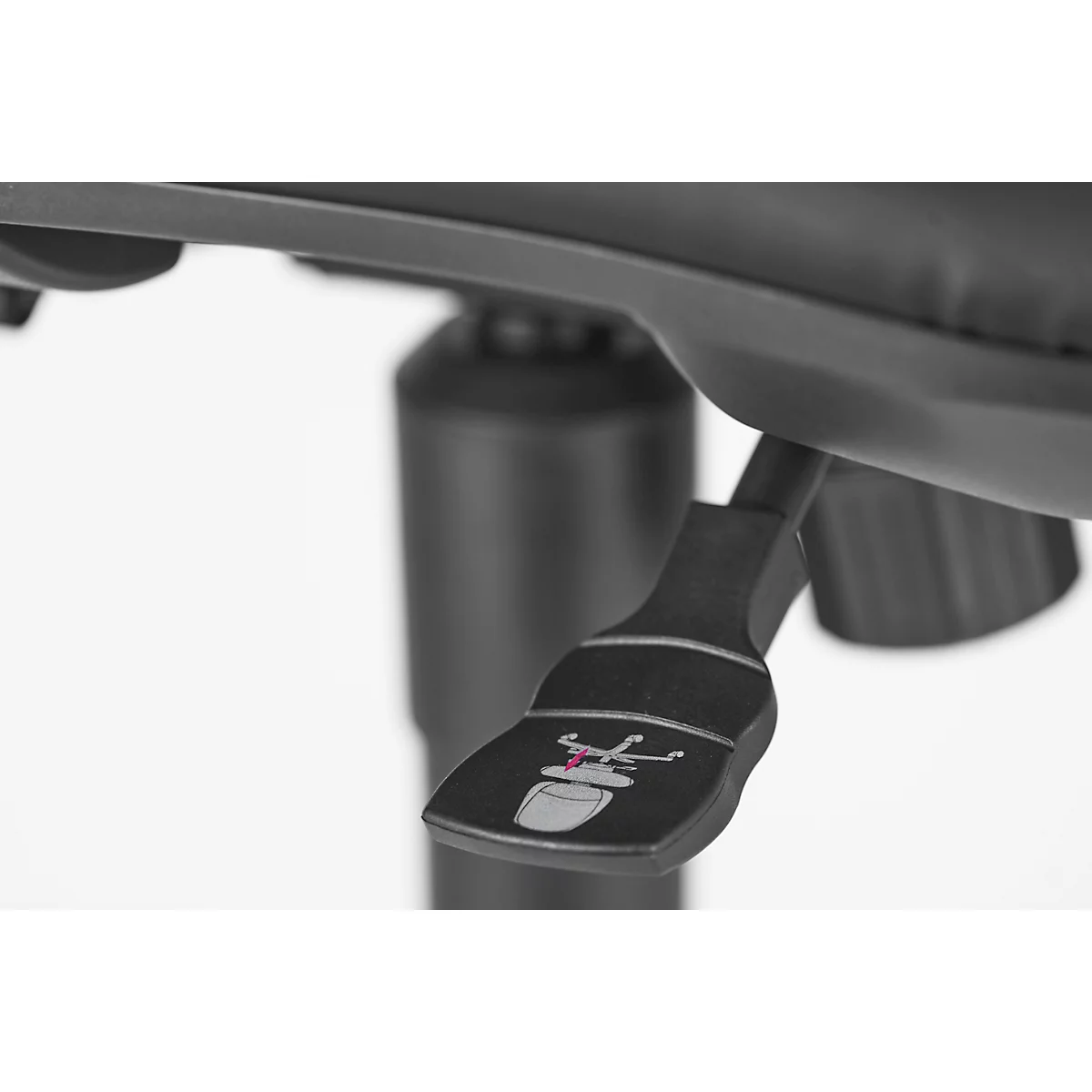 Close-up of a black chair adjustment with symbols and lever.