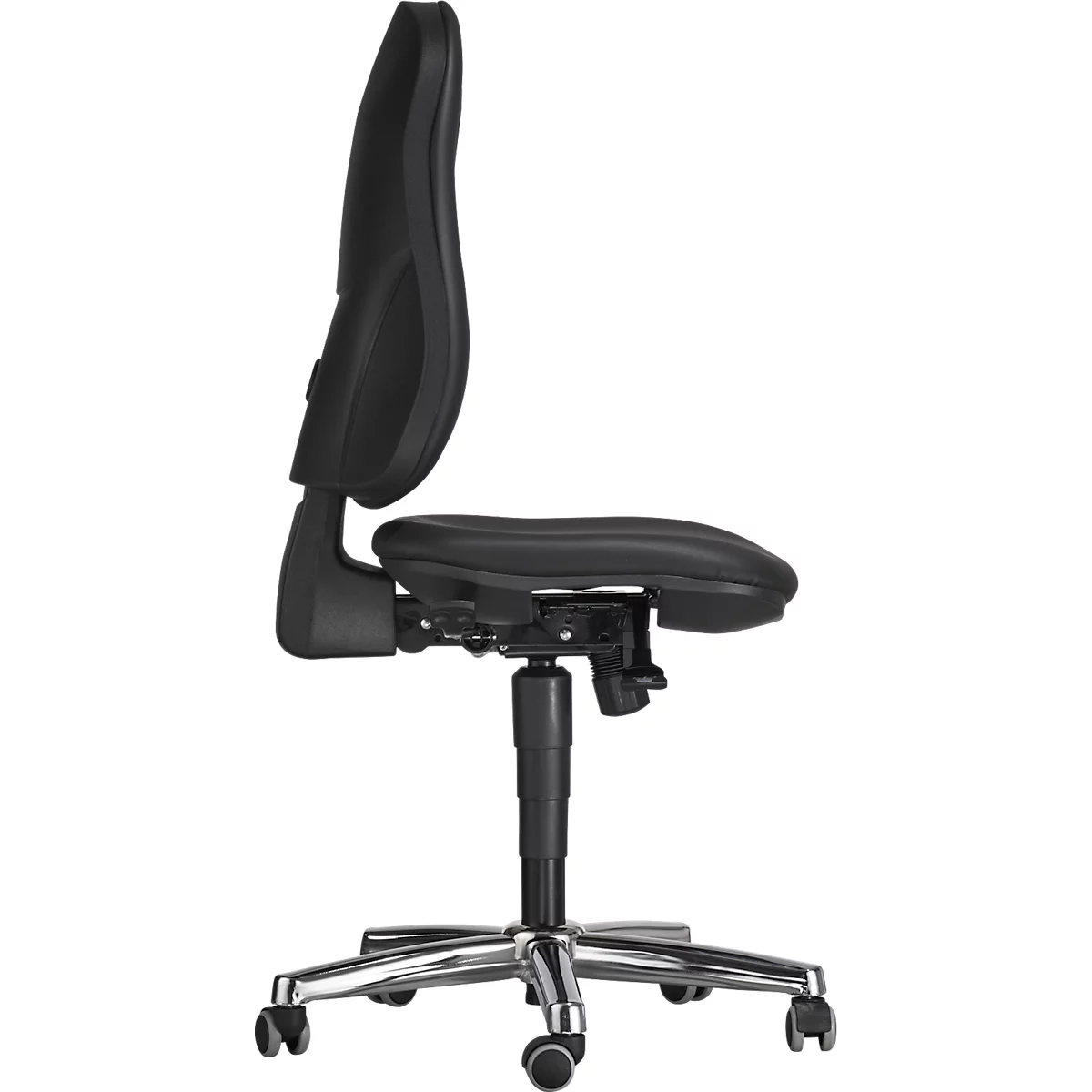 Profile view of a black office chair. Backrest, seat and metal frame with wheels.