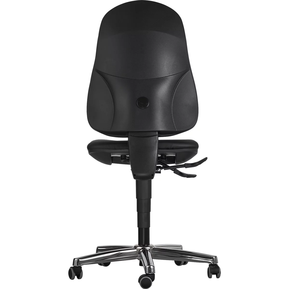 Black office chair from the back, with wheels and adjustable height.