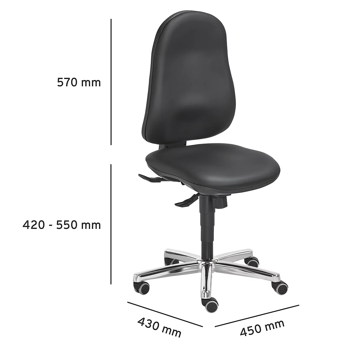 Black office chair with dimensions: height 570 mm, seat height 420-550 mm, width 430 mm, depth 450 mm.