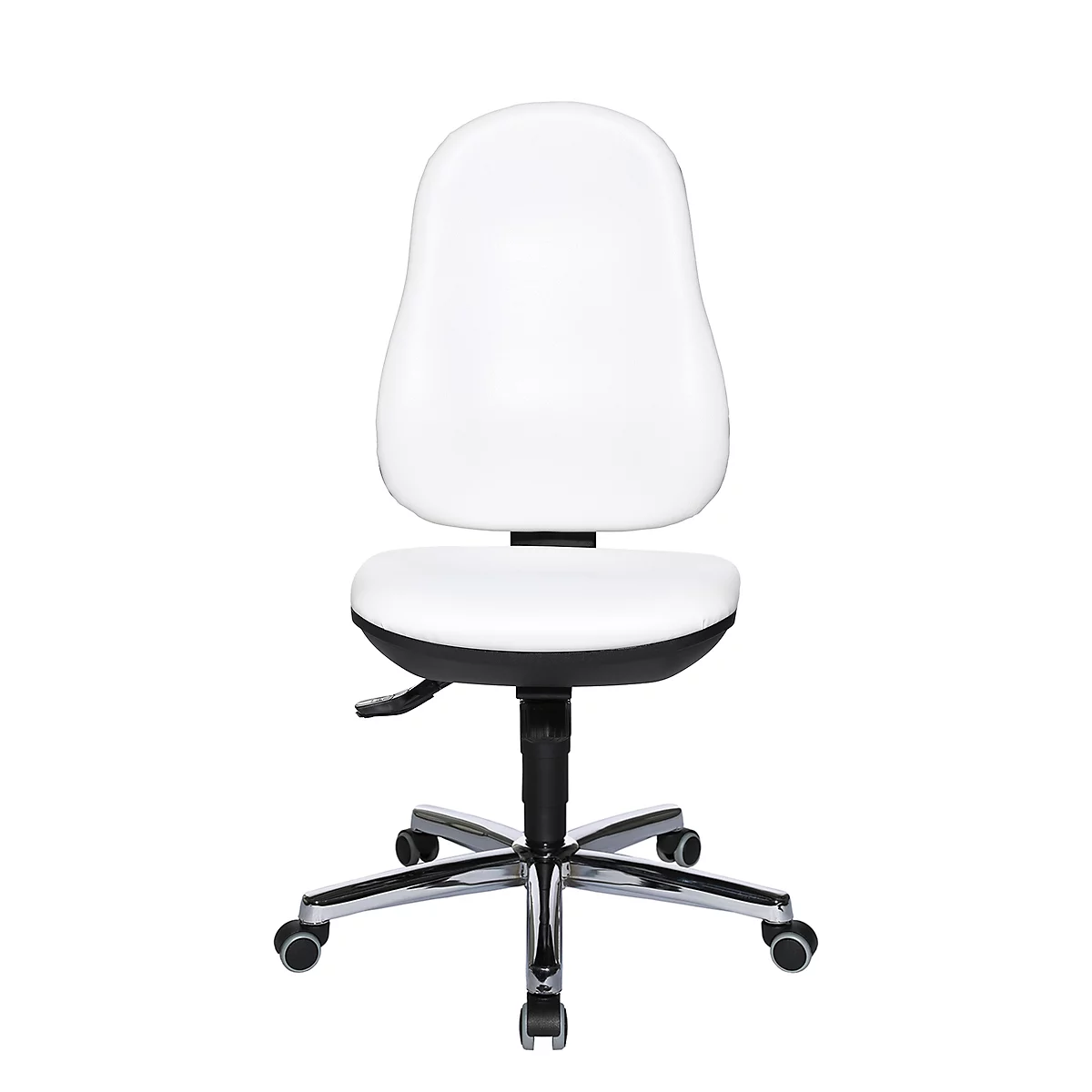 Office chair with white seat and backrest, black base, and silver casters.