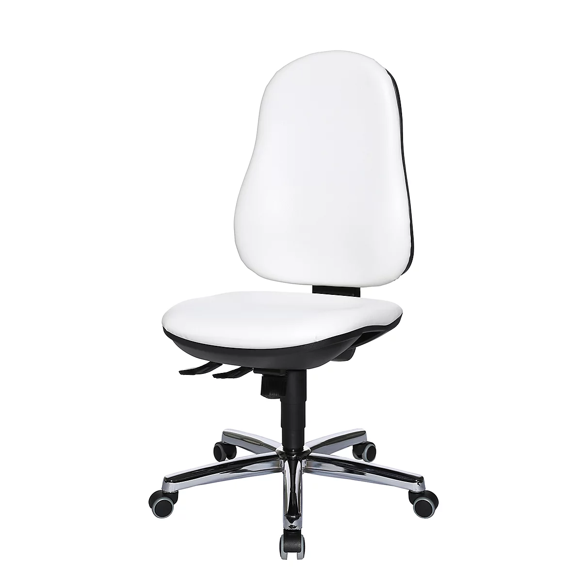 White office chair with black border, chrome base and wheels, against a white background.